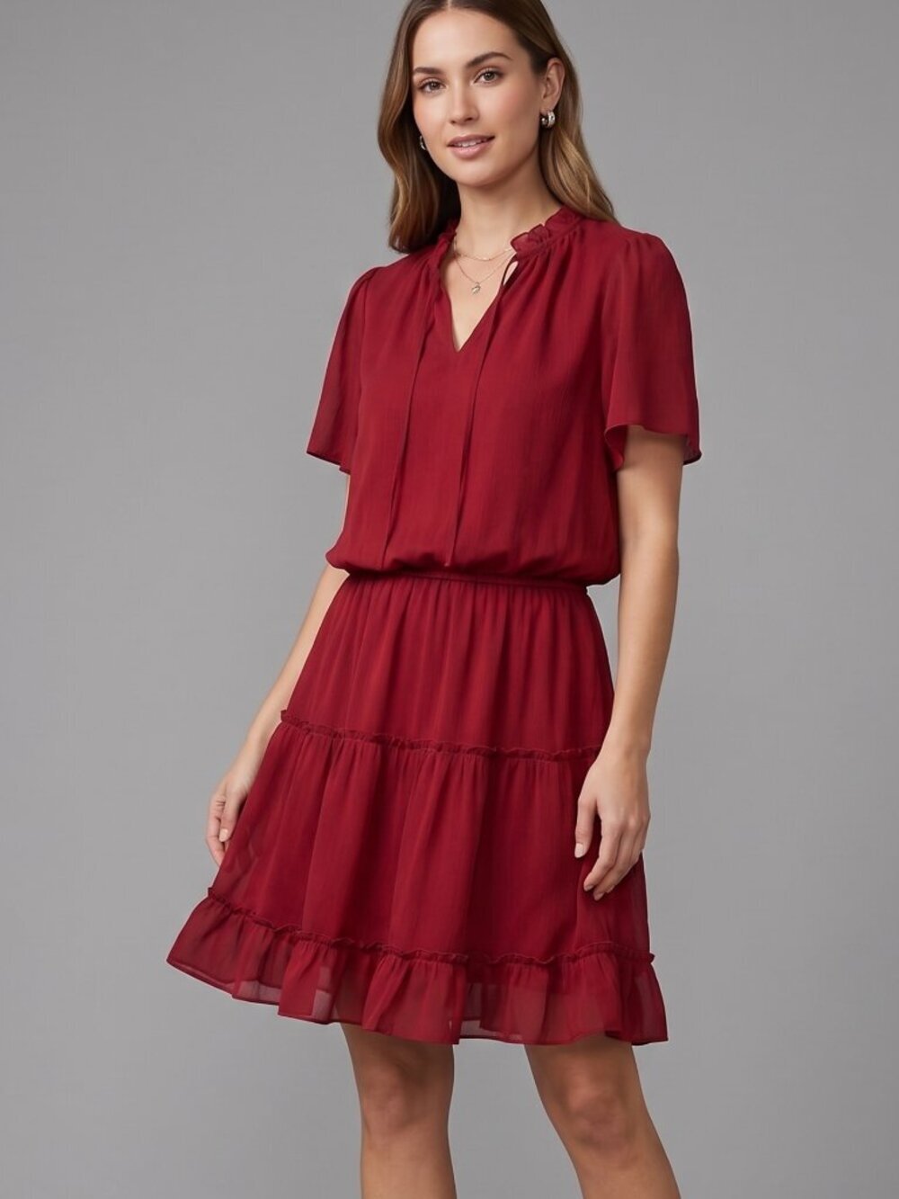 NWT | DOKOTOO Ruby Red Tiered Ruffle Mini Dress Tie Neck Smocked Waist | Large